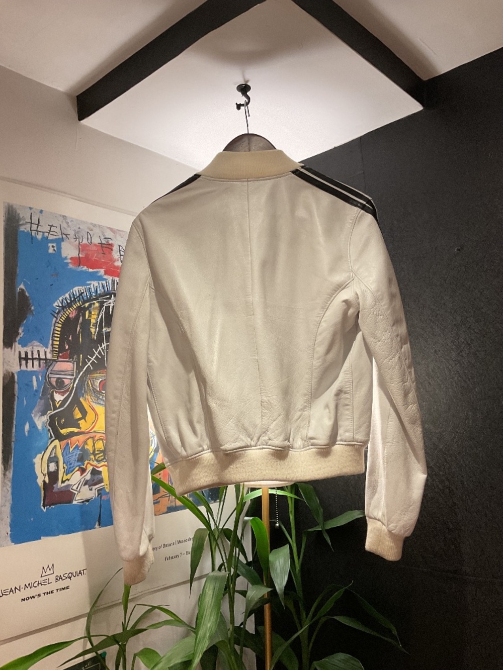 Roots Vintage 100% Leather Bomber Jacket | Cream & Black | Size 8